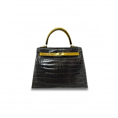 HERMÈS MASTER KELLY 25 CROCODILE GRAPHITE GREY AND AMBER YELLOW GOLD HARDWARE (25*17*7cm) 